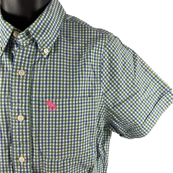 Vtg Y2K Mens Abercrombie & Fitch Green Blue Check SS Button Up Shirt Sz M Muscle - Picture 3 of 5